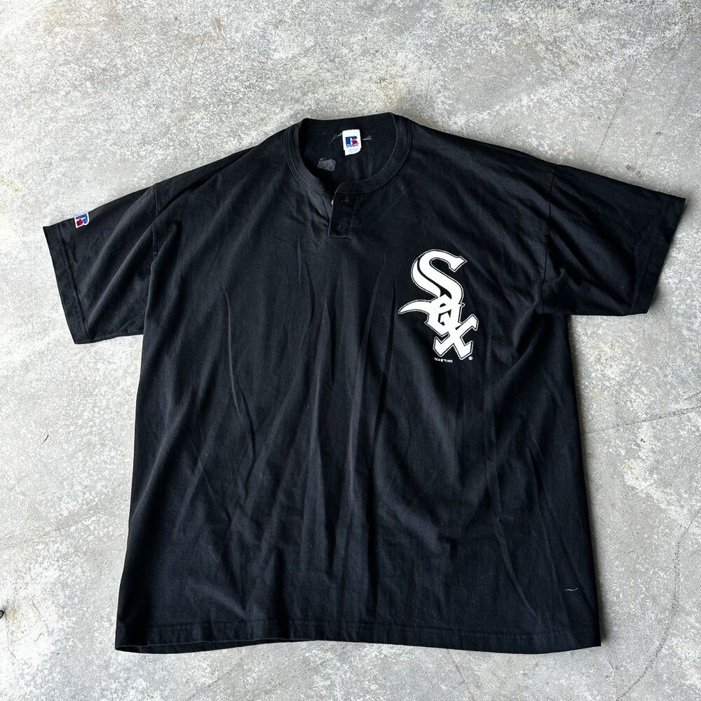 VTG 90s Chicago White Sox MLB Henley T-Shirt Mens XL Black Russell Athletic